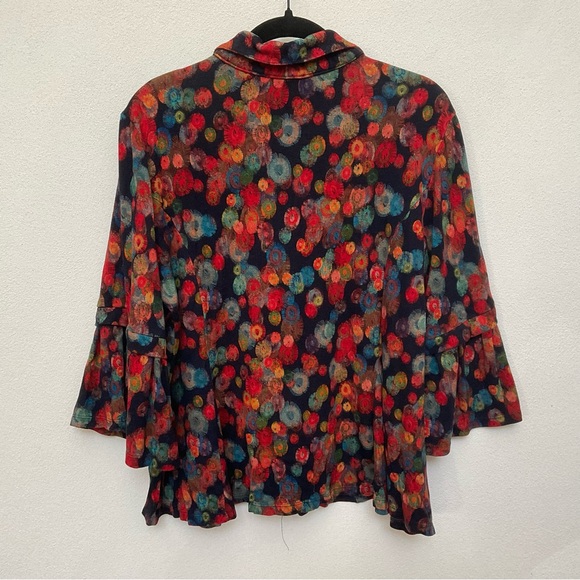 Boho Chic Earth Tone Circle Print Button Front Bell Sleeve Top Size Large Funky - Picture 4 of 4